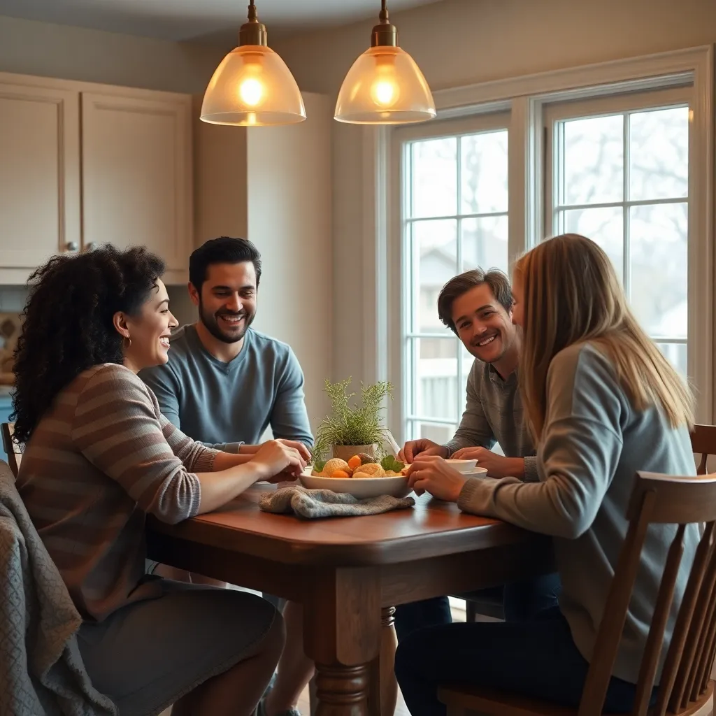 A supportive family gathered around a kitchen table in New Jersey