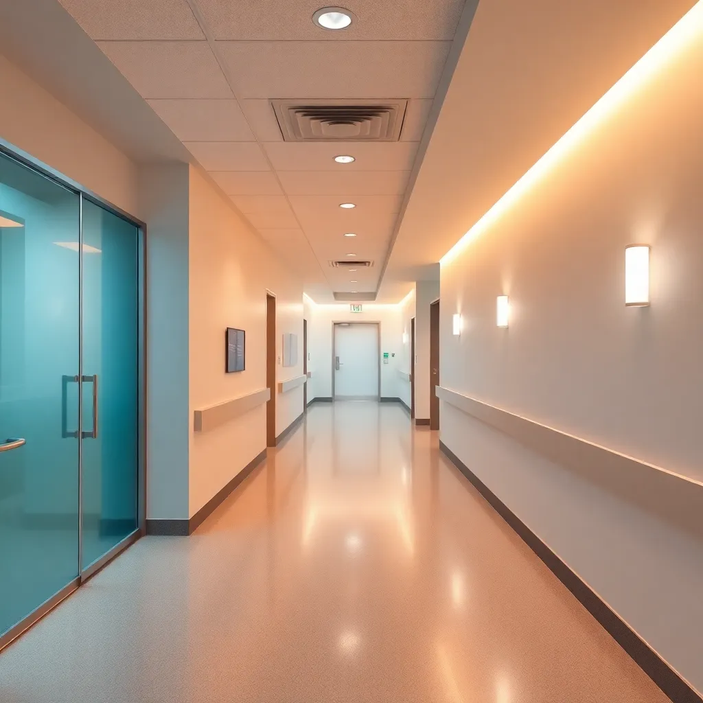 A calm treatment facility hallway in New Jersey with warm lighting